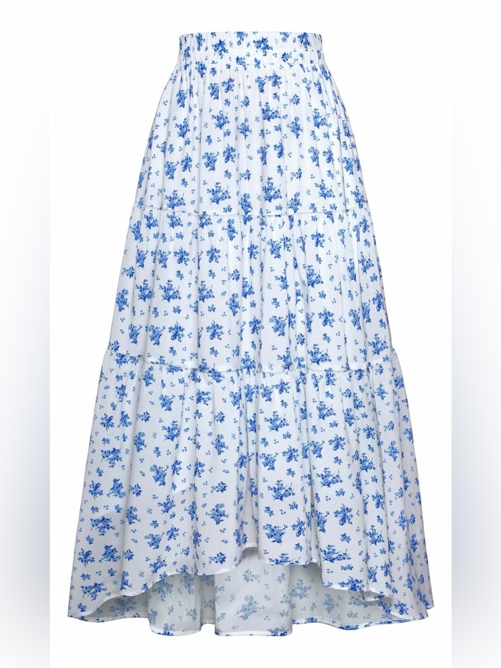 Women's White High-Low Tiered Skirt with Blue Floral Print